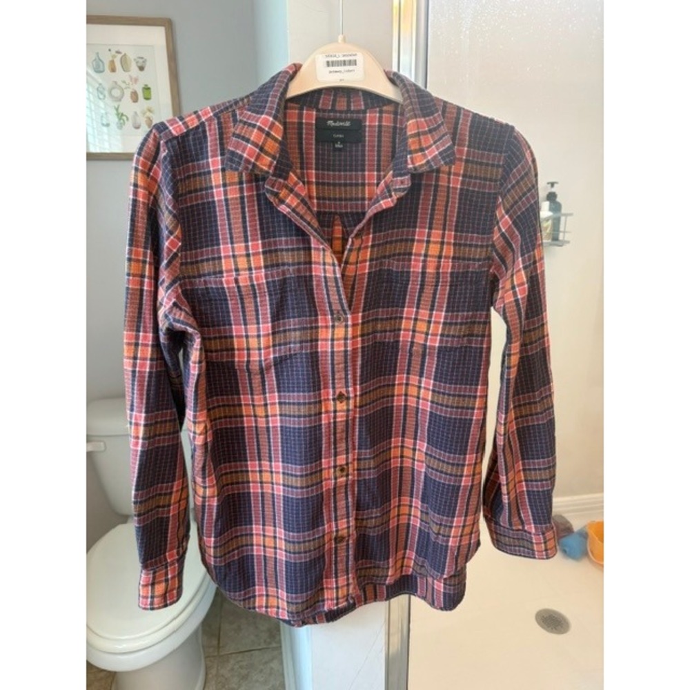 Madewell Women's M Classic Plaid Flannel Shirt Navy Red Orange 100% Cotton
